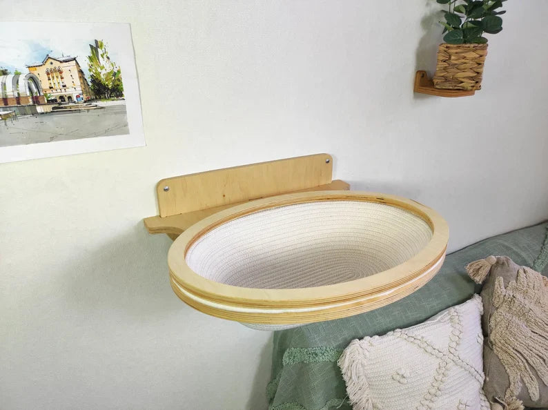 Oval Wall-Mounted Cat Basket �?Natural Cotton Rope & Birch Plywood