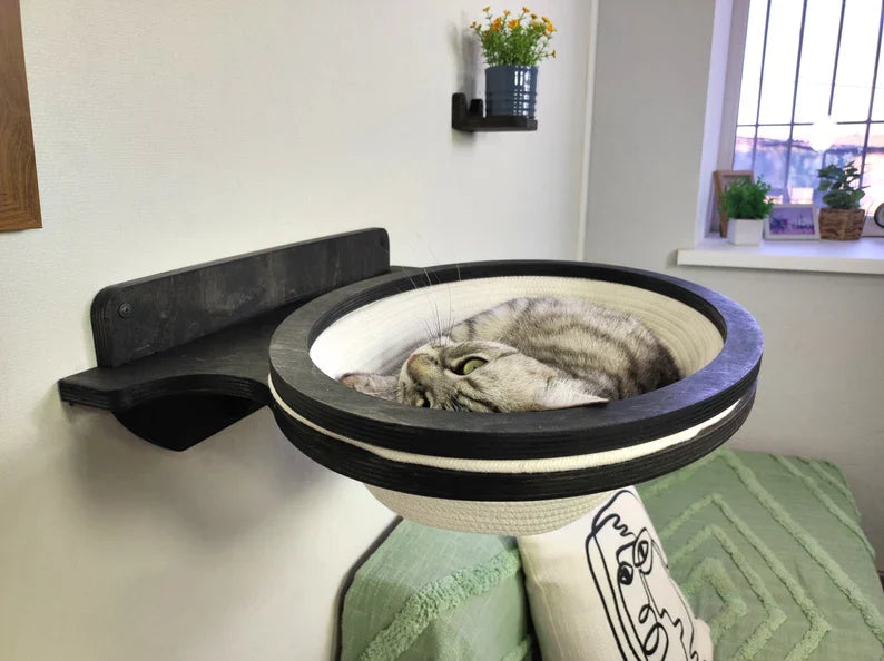 Oval Wall-Mounted Cat Basket �?Natural Cotton Rope & Birch Plywood