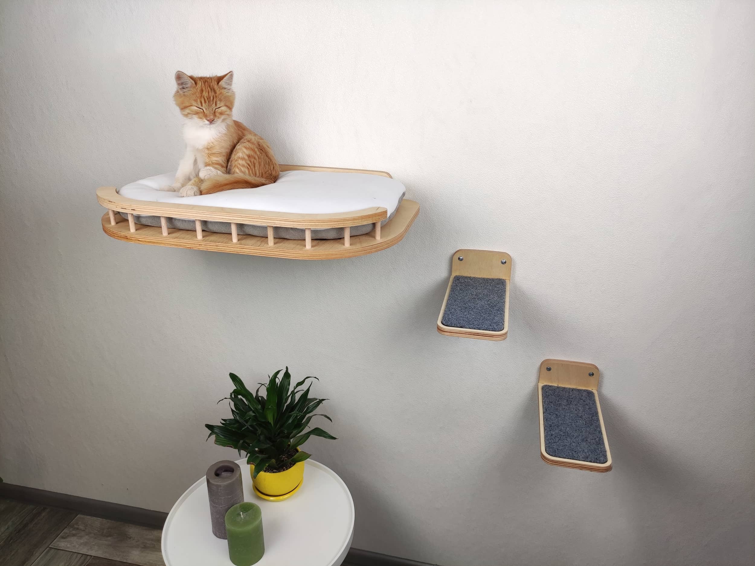 Complete Cat Wall Furniture Set - Large Cat Wall Shelf and 2 Cat Steps