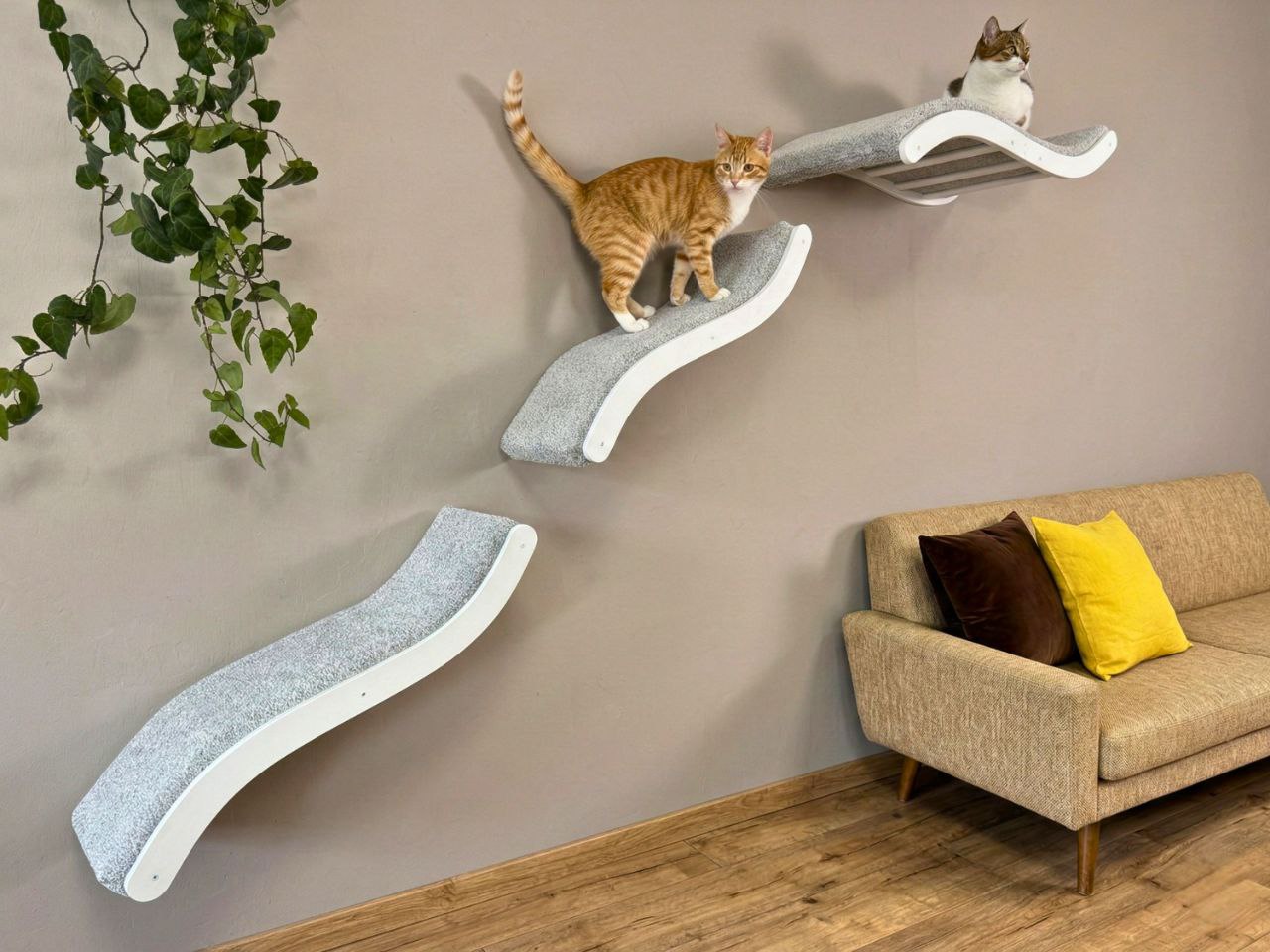 Wall Mounted Cat Furniture Set �C Curved Cat Shelf Bed with Cushion & 2 Climbing Steps