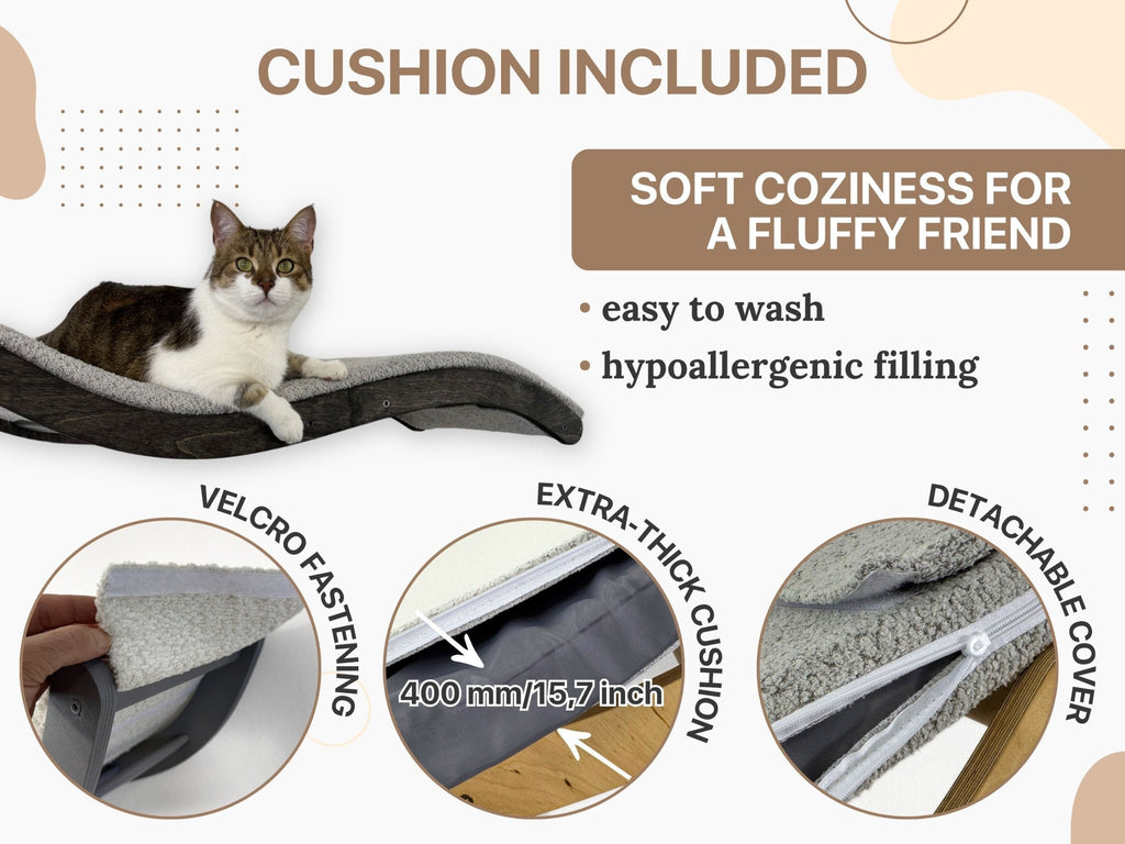 Wall Mounted Cat Furniture Set �C Curved Cat Shelf Bed with Cushion & 2 Climbing Steps